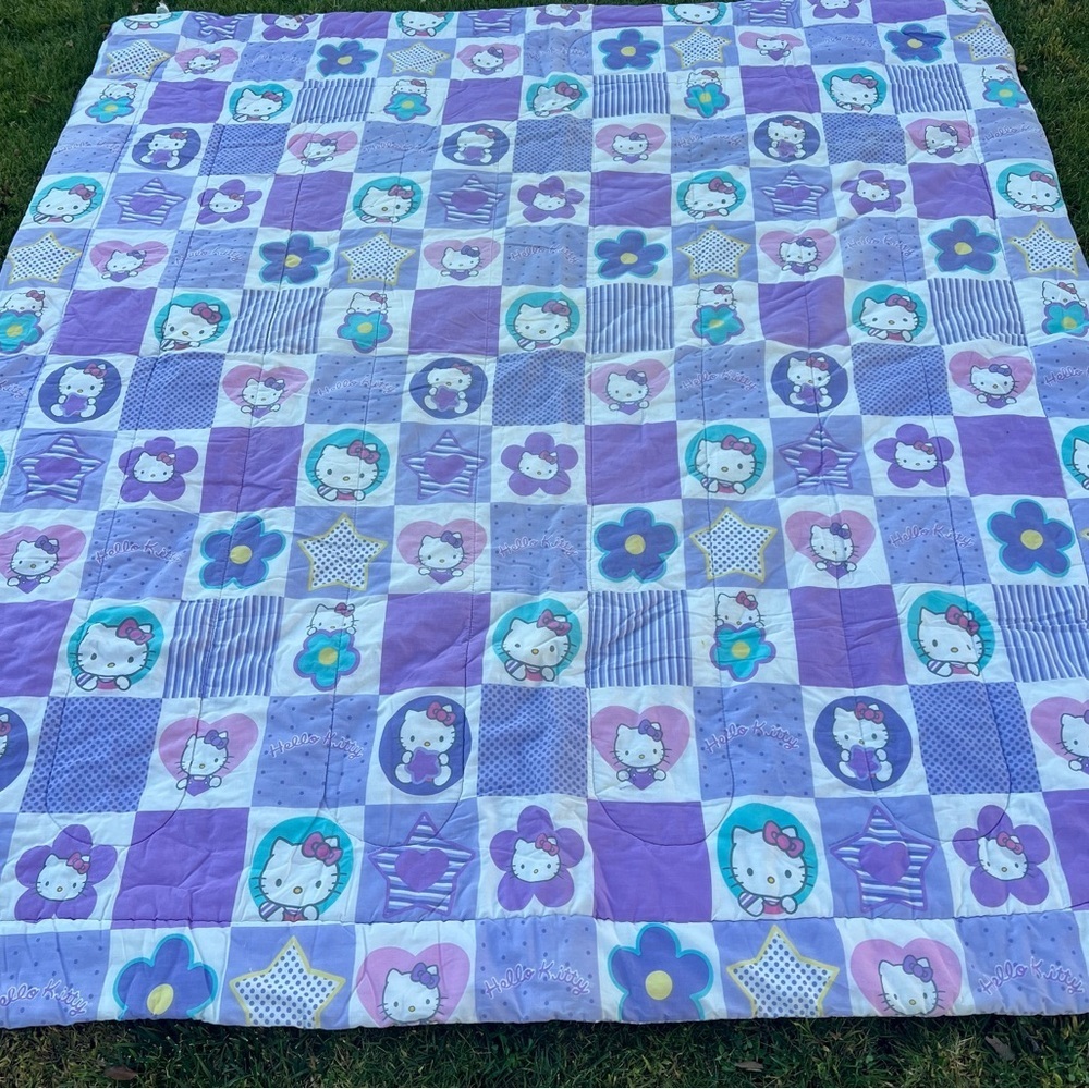 Y2K Sanrio Hello Kitty Checkerboard Patchwork Stripe Reversible Comforter READ